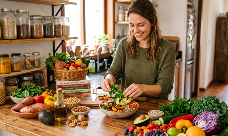 Nutricionista preparando uma refeição rica em antioxidantes e gorduras saudáveis para o manejo nutricional da endometriose.
