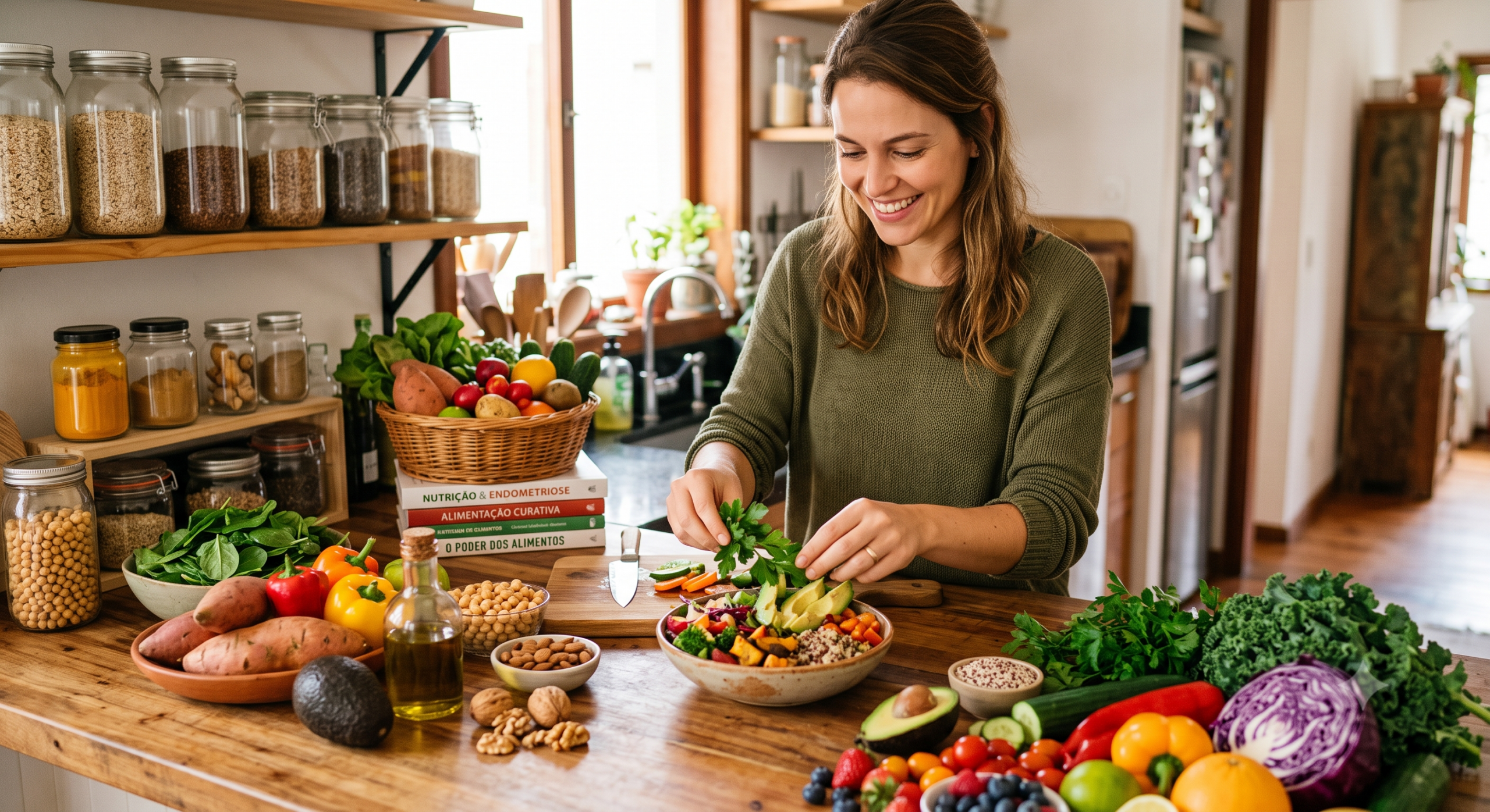 Nutricionista preparando uma refeição rica em antioxidantes e gorduras saudáveis para o manejo nutricional da endometriose.